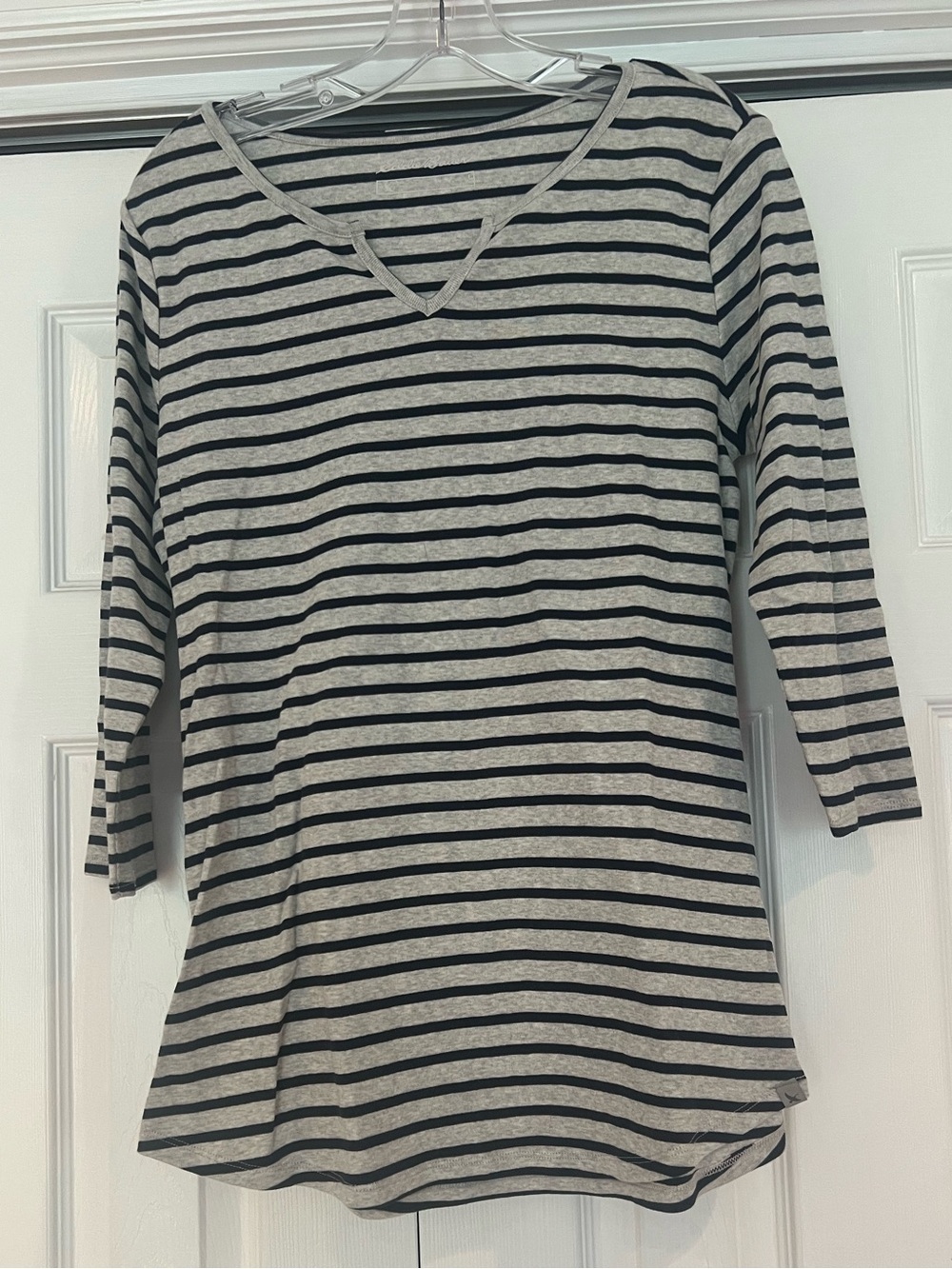 Eddie Bauer Gray and Black Striped V-Neck Top